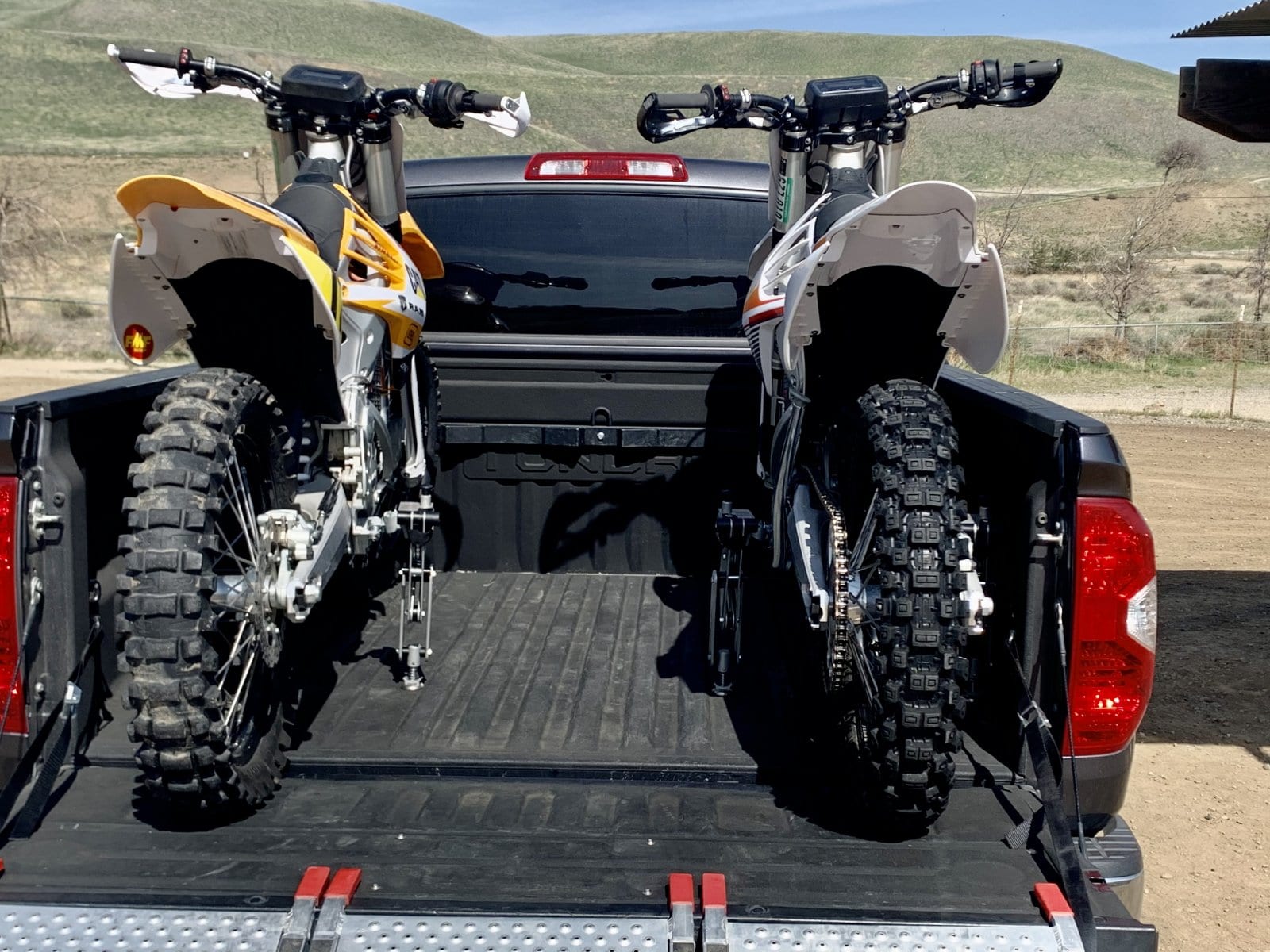 Alta motorcycle using moto cinch tie downs