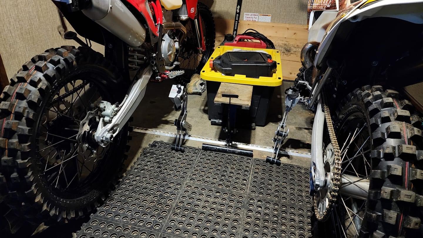 Motorcycle tie downs in cargo trailer