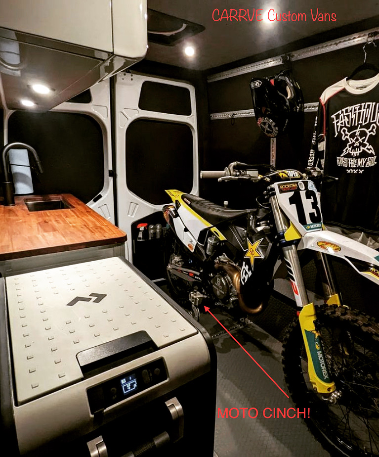 Moto Cinch strapless tie downs for dirt, street, ADV and sport bikes!