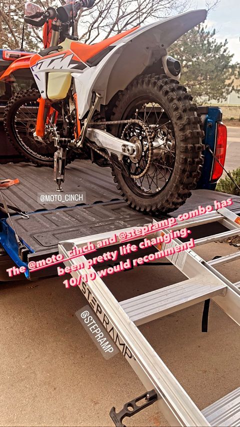 Moto Cinch strapless tie downs for dirt, street, ADV and sport bikes!